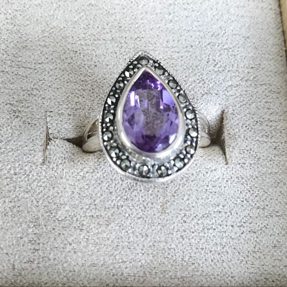 Amethyst & Marcasite Teardrop Ring - Size 6 - Picture 2 of 6